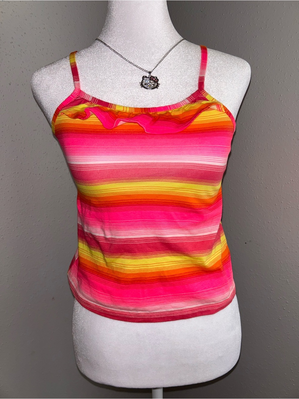 Striped Pink & Yellow Ruffle Tank Top